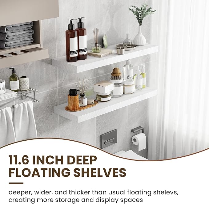 36 Inch Floating Shelves, 12 Inch Deep Floating Shelves for Wall, Floating Shelf with Invisible Brackets, Large Deep Wall Shelves for Bathroom, Bedroom, Living Room, 2 Pack, White