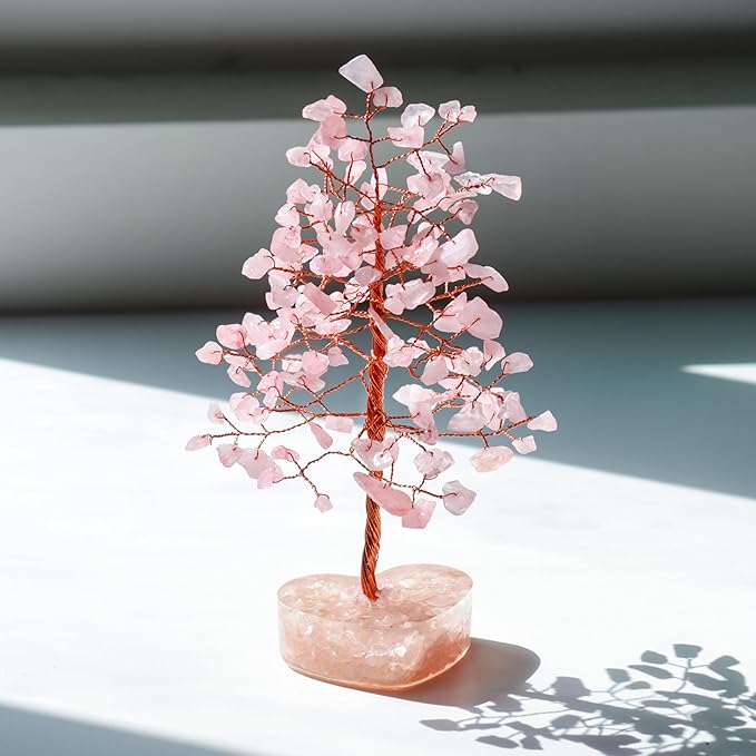 Crocon Rose Quartz Heart Shape Base Crystal Tree Gifts for Women, Healing Crystals Tree of Life Present Crystal Feng Shui Bonsai Trees for Positive Energy Good Luck Home & Office Decoration Gifts