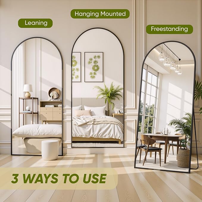 Full Length Mirror, 72"x32" Arched Full Body Mirror, Oversized Floor Mirrors, Leaning Free Standing Mirrors, Hanging Mounted Large Mirrors for Bedroom Dressing Room, Cloakroom, Black