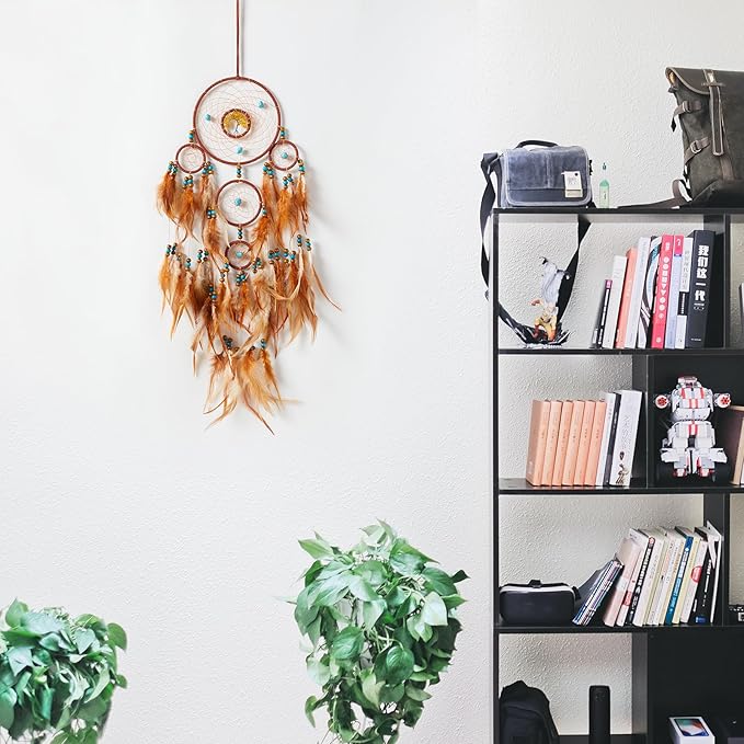 Pretty Jolly Brown Feather Dream Catchers Wall Decor with Chakras Tree of Life Crystal Stone Ornament Handmade Dreamcatchers for Adult Boys Girls Bedroom Dorm Party Birthday Blessing Gift-5Rings