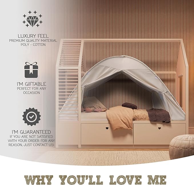 Beige Full Bed Tent for Kids Indoor Fort - Magical Dream Tents for Boys Pop Up Toddler Bed Canopy for Girls Bunk Bed Tent for Top Bunk - Sensory Sleep Pod for Kids Educational