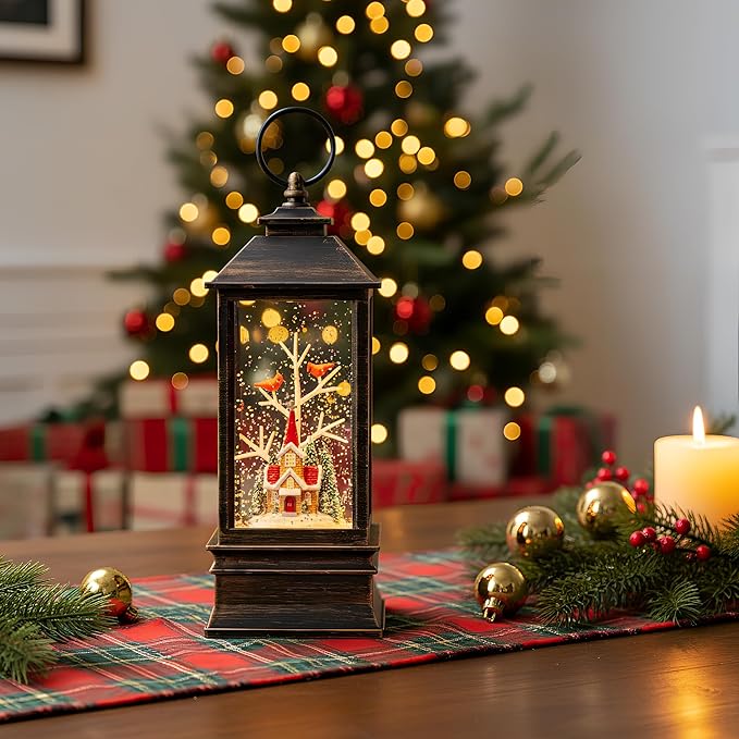 10'' Christmas Snow Globe Lantern Lighted Christmas Village Church Scene Musical Water Lantern with Swirling Glittering Home Decoration and Gift, Battery Operated or USB Powered