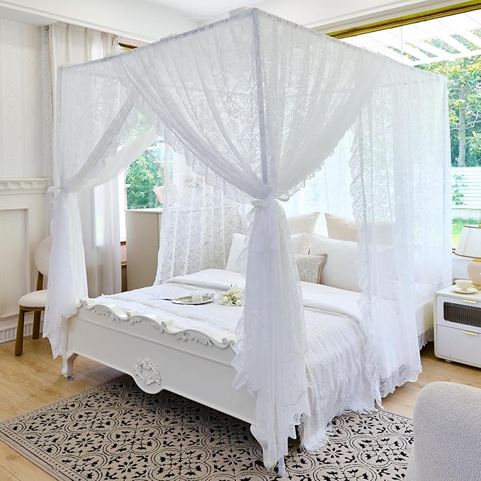 AIKASY Elegant Lace Princess 4-Poster Bed Canopy Mosquito Net - Romantic Wedding Bridal Bedroom Decor, Kids Room Bed Curtain for Women Adults - (White-3,Queen)