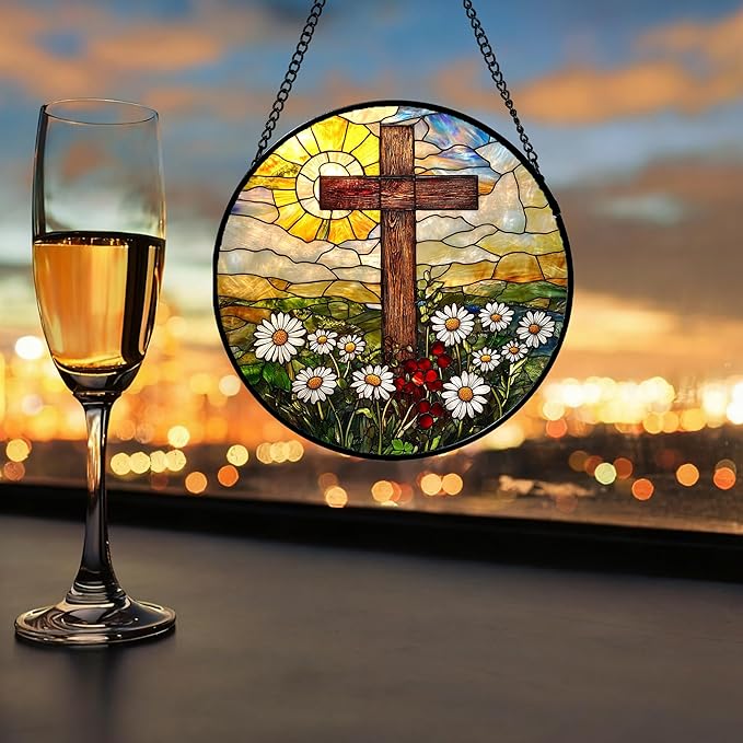 Christian Gifts for Women - Cross Stained Glass Window Hanging Easter Golden Sun Daisy Floral Sun Catcher Garden Religion Decor Mother's Day Catholic Gift for Men Grandma Nana Her 7.8"
