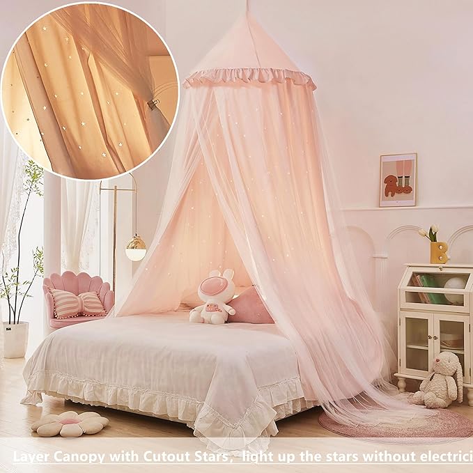 Eimilaly Princess Bed Canopy for Girls, Double Layer Canopy with Cutout Stars, Breathable Dream Canopy & Washable Pink Fabric, Fits Twin/Full Bed - Fairy Bed Tent for Kids Room Decor, Pink