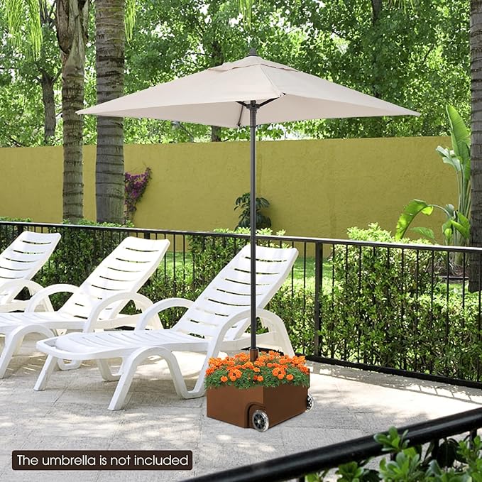 Giantex 170lbs Filled Umbrella Base with Wheels, Heavy Duty Umbrella Stand with Fillable Planter, Drainage Holes, Outdoor Market Umbrella Holder for Patio Garden Deck Pool (Brown)