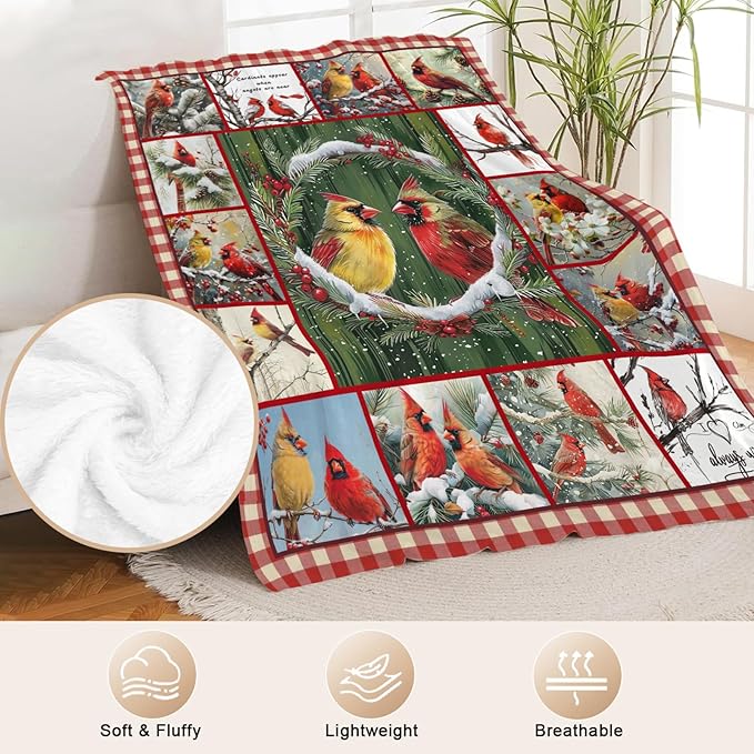 Bird Blanket for Boys Girls Christmas Red Birds Gifts Throw Blanket Cozy Plush Flannel Fleece Blankets for Bed Sofa Decor 60"x80"