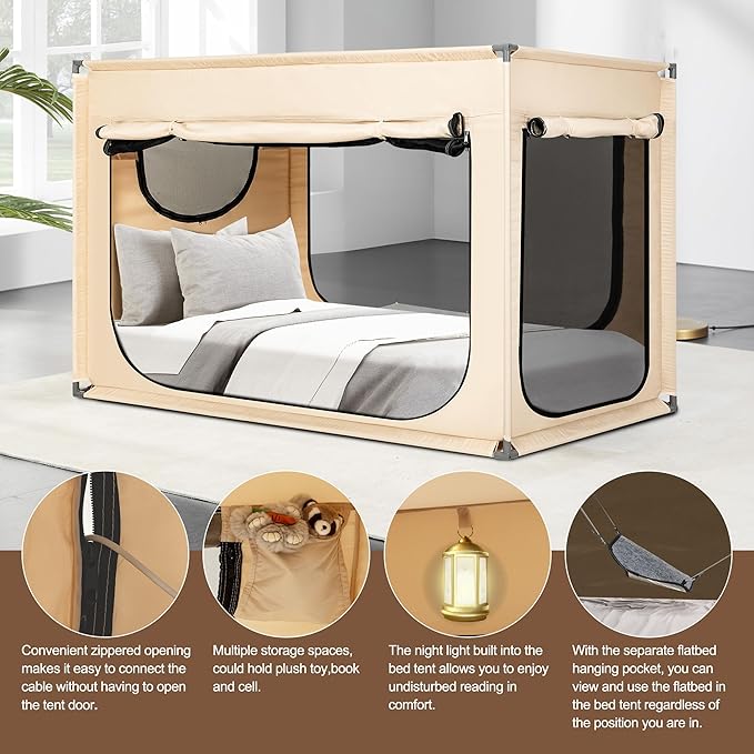 Bed Canopy Portable Blackout Bed Tent Privacy Tent for Adult Indoor Sleeping with 3 Doors, Storage Bag