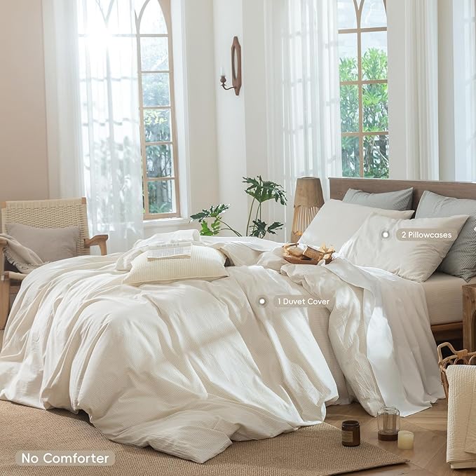 MooMee Striped Duvet Cover Set 100% Washed Cotton Linen Like Textured Breathable Durable Soft Comfy (Almond Milk Grey Pinstripes, Full 80"x90")