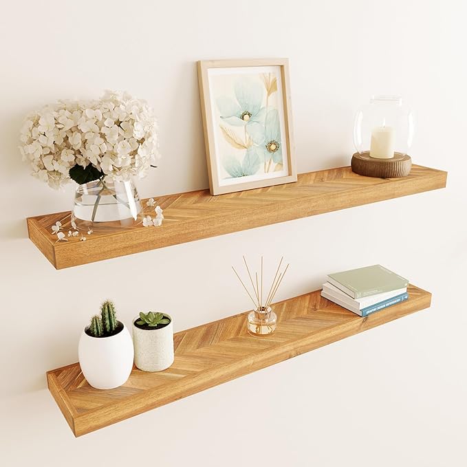 48" Rustic Farmhouse Floating Shelves – Set of 2 Acacia Wood Shelves for Stylish Wall Decor in Kitchen, Bathroom, and Office, Unique Chevron Pattern, 48x8x1.5 Inches - Set of 2 - DIY