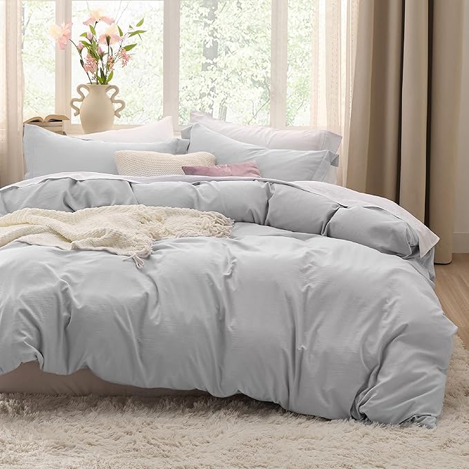 Bedsure Light Grey Duvet Cover Twin/Twin XL Size - 2 Pieces Prewashed Cotton-Like Extra Soft Bedding Set, Includes 1 Twin Duvet Cover 68x90 Inches with Zipper Closure & 1 Pillow Sham, No Comforter