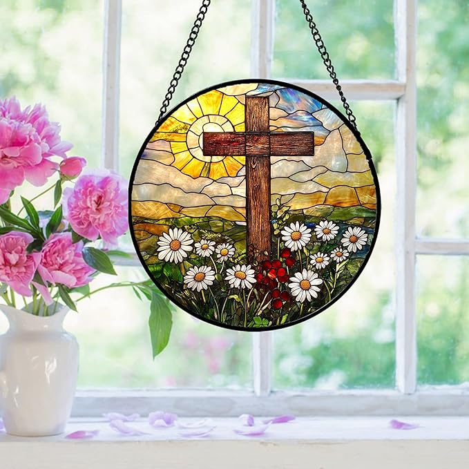 Christian Gifts for Women - Cross Stained Glass Window Hanging Easter Golden Sun Daisy Floral Sun Catcher Garden Religion Decor Mother's Day Catholic Gift for Men Grandma Nana Her 7.8"