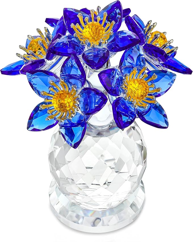 Blue Crystal Flower Figurine Collectibles Crystal Flower Christmas Ornament for Home Decor Table Centerpiece Glass Bouquet Flowers Keepsake for Women