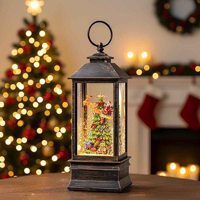 10'' Musical Snow Globe Lantern Lighted Christmas Tree and Flying Santa Water Lantern Swirling Glittering Home Decoration and Gift, Battery Operated or USB Powered