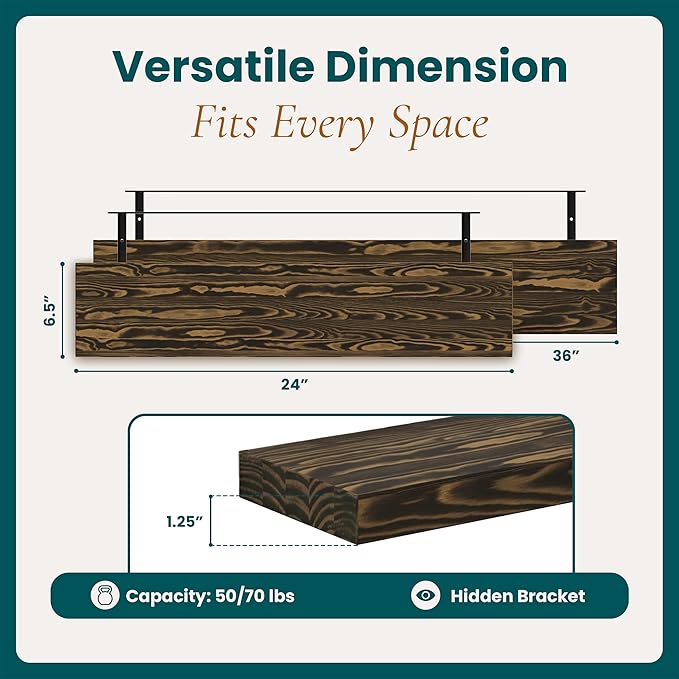24'' Pine Wood Floating Shelves for Wall- Set of 2 - Rustic Wall Mounted Wooden Shelf for Stylish Home Décor (Dark Brown, 24x6.5x1.25), 2pcs