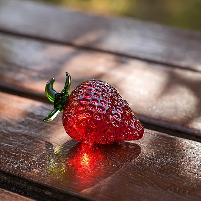 Glass Red Strawberry Figurine Crystal Fruit Collectibles Art Glass Fruits Decoration for Home Office Strawberry Kitchen Decor for Women