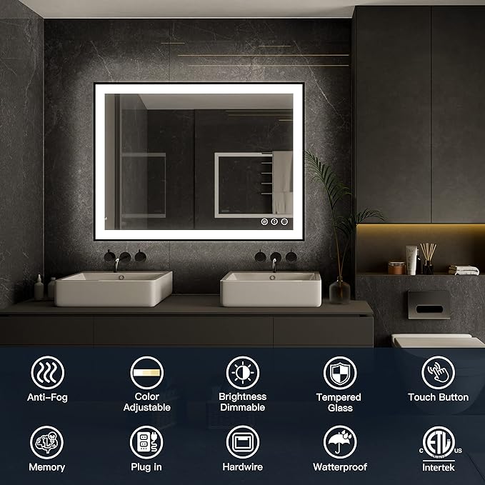 ISKM Framed LED Mirror for Bathroom 55"x30", Dimmable LED Bathroom Mirror with Lights, Anti-Fog, Front and Backlit Lighted Mirror 3-Colors, Shatterproof, Memory Function