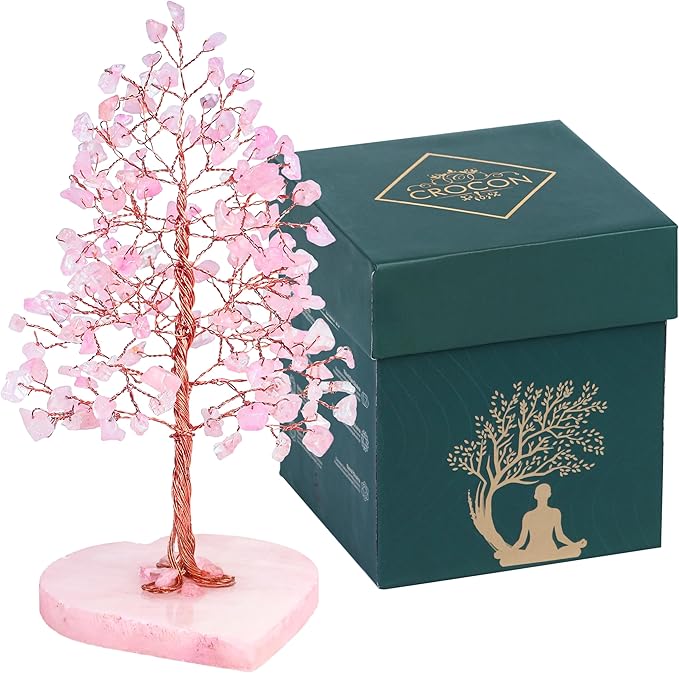 Crocon Crystal Heart Base Tree of Life Gifts for Women, Rose Quartz Healing Crystals Tree Brings Positive Energy, Good Luck, Money, Feng Shui Home & Office Desk Decor, for Mom & Wife Present