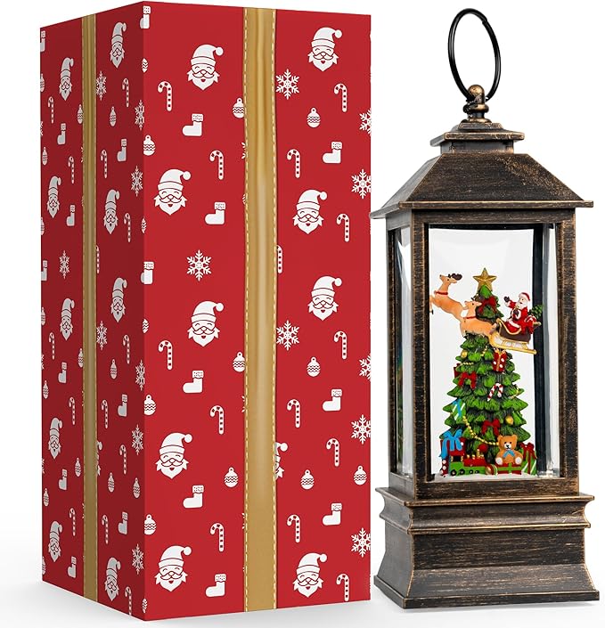 10'' Musical Snow Globe Lantern Lighted Christmas Tree and Flying Santa Water Lantern Swirling Glittering Home Decoration and Gift, Battery Operated or USB Powered