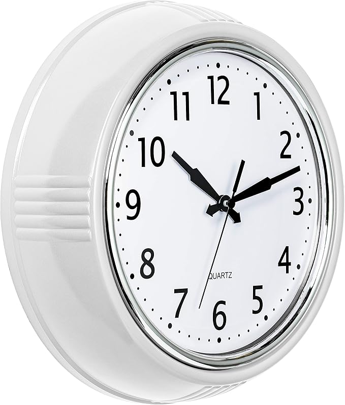 Bernhard Products Retro Wall Clock 9.5 Inch White Kitchen 50's Vintage Design Round Silent Non-Ticking Quality Quartz Clock for Home Office Nursery Bathroom Classroom Easy to Read (White)