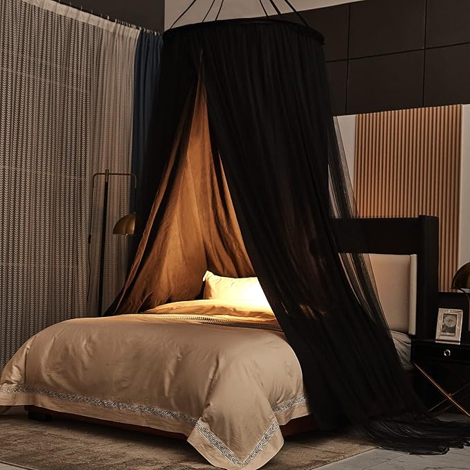 Kertnic Luxurious Bed Canopy for Girls & Adults - Double Layer Princess Canopy with Lace, Round Dome Mosquito Netting for Queen/King Bed Tent (Black)