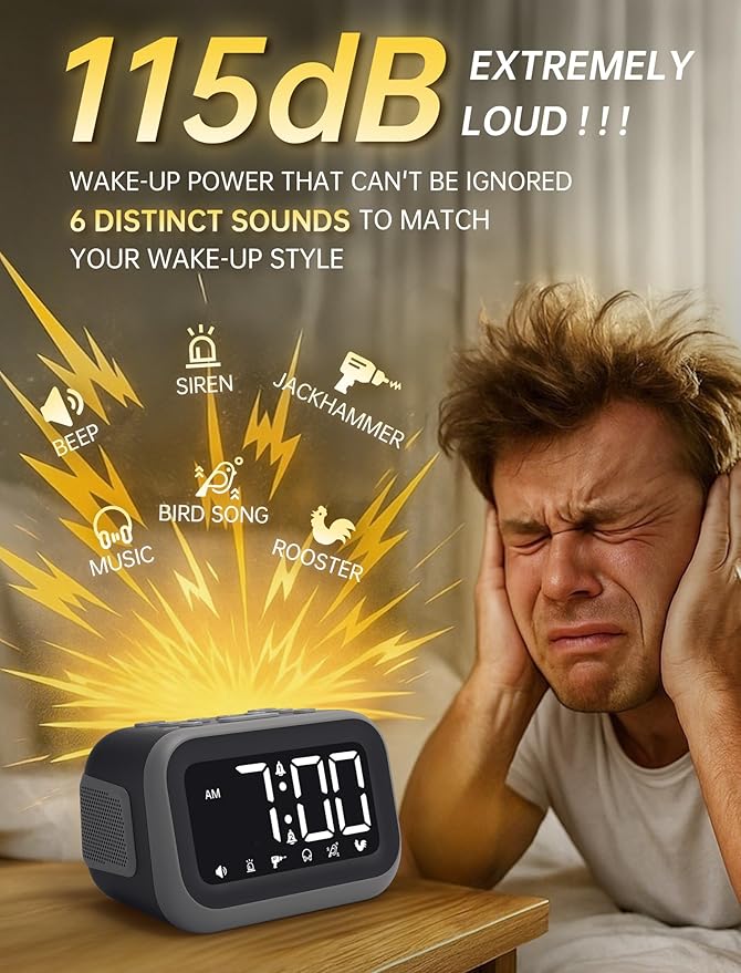 Super Loud Alarm Clock: 115dB Dual Alarms and 6 Alarm Sounds for Heavy Sleepers - Adult Shift Workers in Bedroom or Daily Wake-Up Use - Gray
