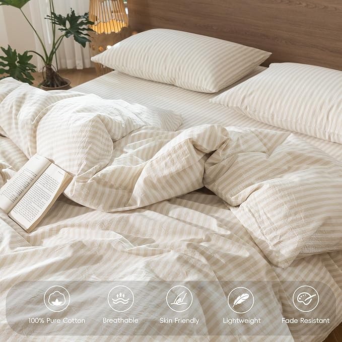 MooMee Striped Duvet Cover Set 100% Washed Cotton Linen Like Textured Breathable Durable Soft Comfy (Almond Milk Grey Classic Stripes, Palatial King/Oversized King 120"x98")
