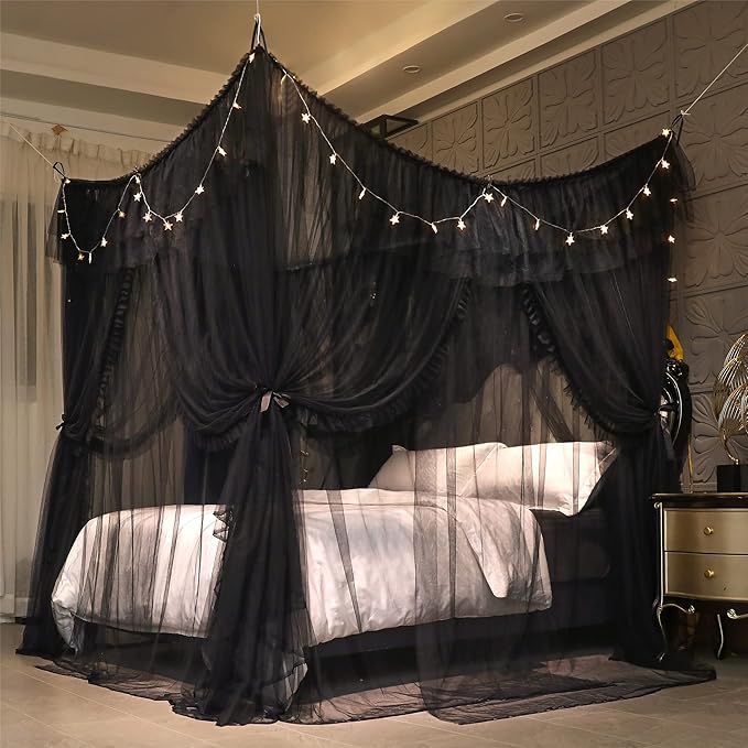 VETHIN 4 Corners Post Ruffle Princess Bed Canopy Curtain-Double Layer Cozy Drape Netting 4 Opening Mosquito Net for Girls Adults Bedroom Decoration (Double-Black,78" W*86" L*82"*H/King)