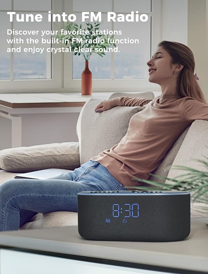 Wireless Charging Alarm Clock Radio: Qi Certified Fast Wireless Charger for iPhone Samsung - 10W Stereo Bluetooth Speaker - Dimmable Digital Clock with FM Radio for Bedroom Black