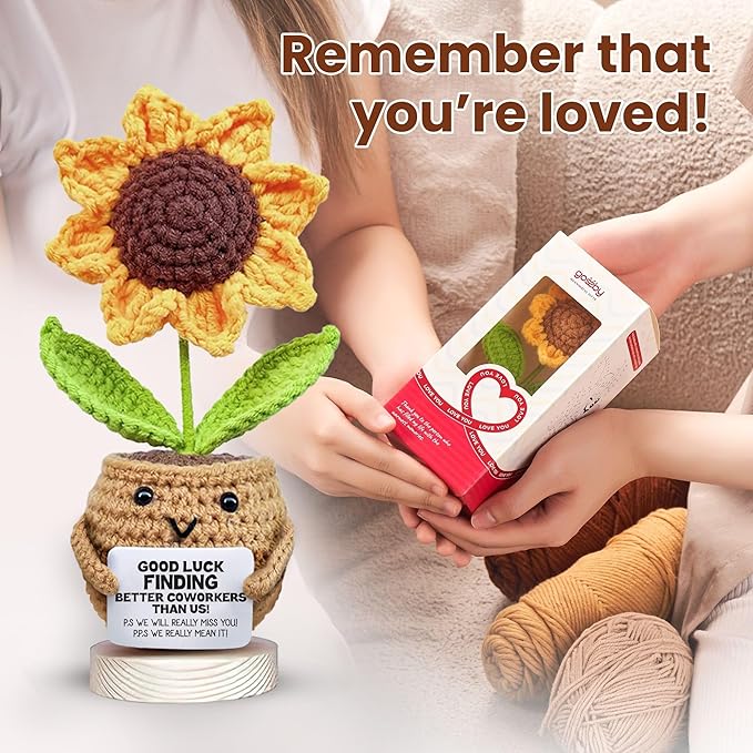 Gossby Handmade Positive Sunflower Doll Crochet with Card - Women Coworker Appreciation Gift - Retirement, Farewell, Goodbye, Leaving, Going Away Gift for Coworker - Good Luck Finding Better Coworkers