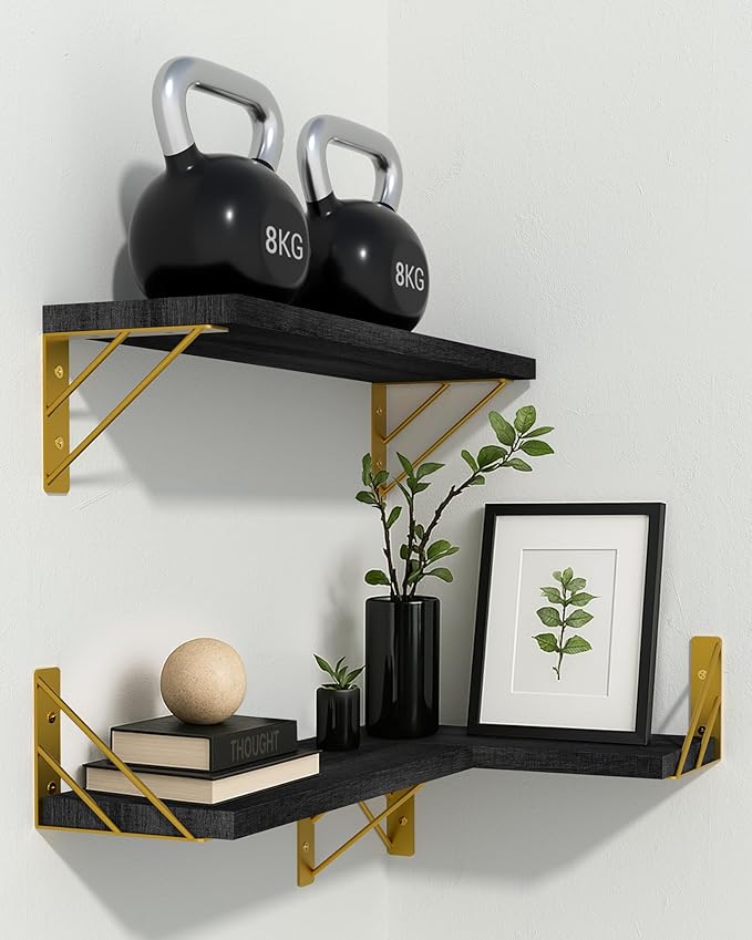 BAYKA Wall Shelves for Bedroom Decor, Floating Shelves for Living Room Kitchen Storage, Mounted Rustic Wood Floating Shelves for Kids Books, Corner Shelves for Bathroom, Office(Black Gold,Set of 3)