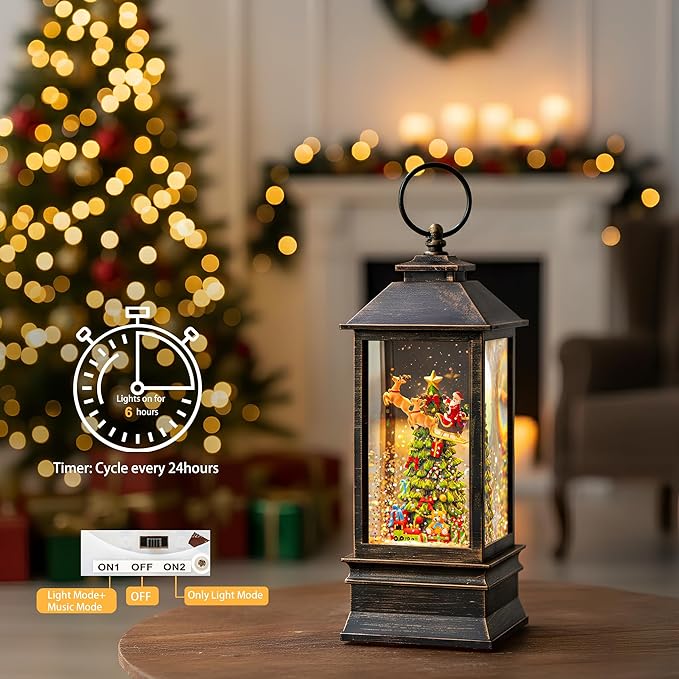 10'' Musical Snow Globe Lantern Lighted Christmas Tree and Flying Santa Water Lantern Swirling Glittering Home Decoration and Gift, Battery Operated or USB Powered