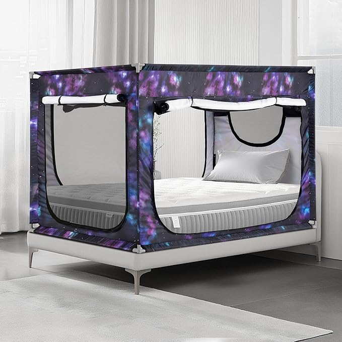 Bed Canopy Portable Blackout Bed Tent Privacy Tent for Adult Indoor Sleeping with 3 Doors, Storage Bag