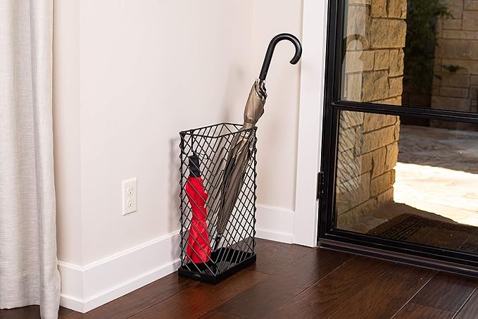 BIRDROCK HOME Decorative Umbrella Stand with Removable Water Tray - Large Metal Umbrella Rack and Cane Walking Stick Organizer for Entryway - Umbrella Holder for Indoor & Outdoor - Black, Diagonal