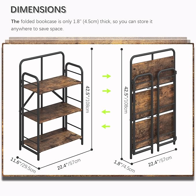 4NM No Assembly Folding Bookshelf, 3 Tiers Collapsible Book Shelves Open Industrial Foldable Storage Bookcase Shelf for Bedroom, Living Room, Home Office - Rustic Brown and Black