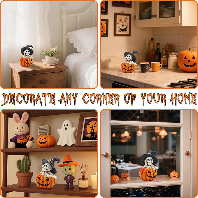 Skeleton Halloween Indoor Decoration: 6.1'' Witch Hat Skeleton Ornament with Solar Pumpkin for Home Fireplace Office Party Perfect Figurine Gift for Gothic Lovers