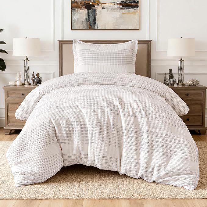 Amazon Basics Waffle Weave Microfiber 2-Piece Duvet Cover Set, Includes 1 Duvet Cover and 1 Pillow Sham, Twin, Dark Grey Striped