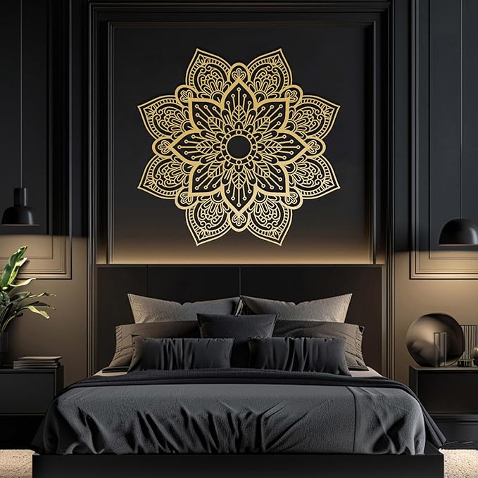 Metal Mandala Flower Wall Art, Large Metal Round Mandala Wall Decor, Lotus Flower Wall Decor, Modern Farmhouse Wall Art for Living Room, Bedroom, Office and Yoga Room (Black, 19"x19"/47x47cm)