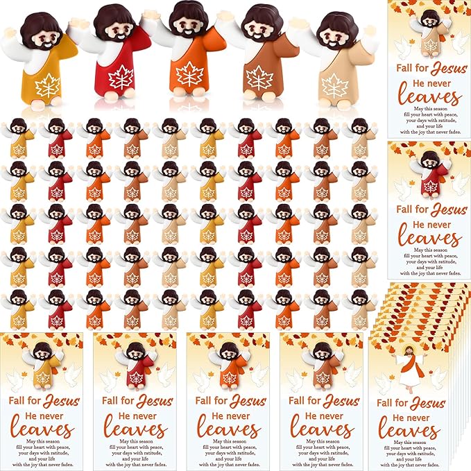 100 Pcs Thanksgiving Fall Jesus Figures Bulk 100 Fall for Jesus He Never Leaves Cards Little Maple Leave Figurines Greeting Cards Mini Pocket Figures for Religious Party Favors Gifts
