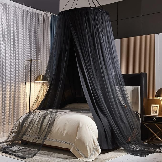 Kertnic Luxurious Bed Canopy for Girls & Adults - Double Layer Princess Canopy with Lace, Round Dome Mosquito Netting for Queen/King Bed Tent (Black)