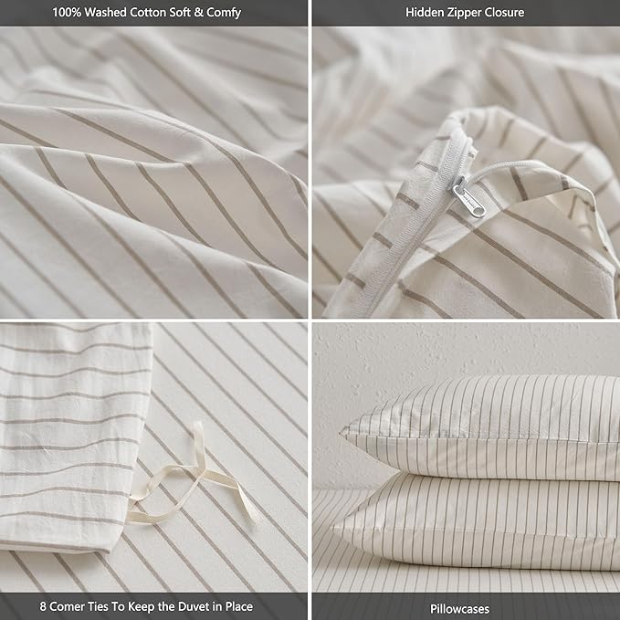 MooMee Striped Duvet Cover Set 100% Washed Cotton Linen Like Textured Breathable Durable Soft Comfy (White Tannish Linen Grey Wide Stripes, Twin 68"x90")