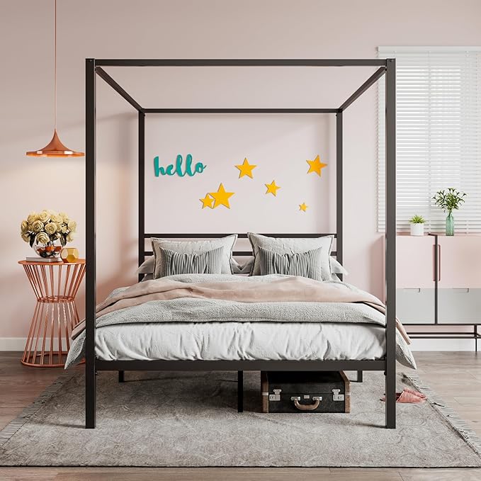 SHA CERLIN Canopy Bed Frame Queen Size/Mattress Foundation with Metal Slats Support/No Box Spring Needed/Easy Assembly/Black