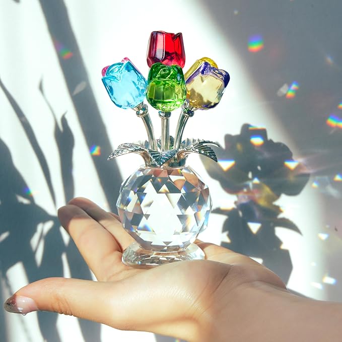 Crystal Colorful Rose Flower Collectible Figurine Glass Flowers with Vase Romantic Gifts for Wife Mom Women on Anniversary