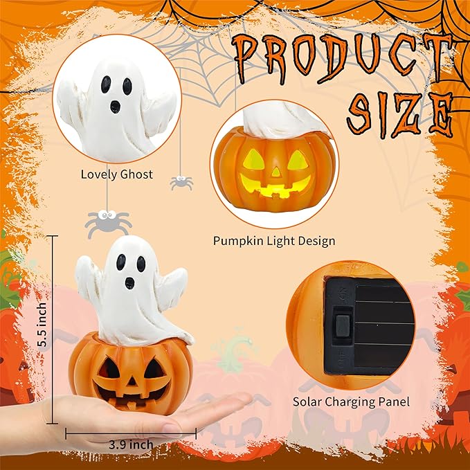 Ghost in Pumpkin Halloween Decoration: 5.5'' Solar Indoor Ornament for Home Fireplace Office Party Perfect Collectible Figurines Gift for Gothic Style Lovers