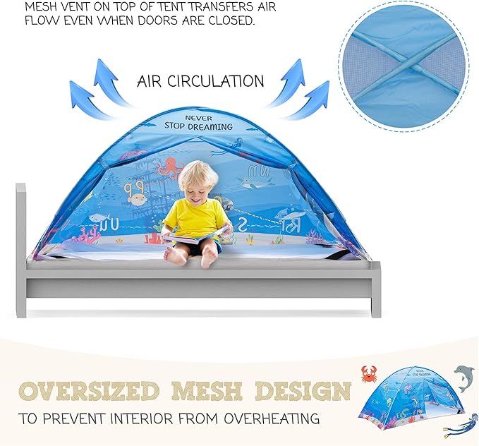 Water World Twin Bed Tent for Kids Indoor Fort - Magical Dream Tents for Boys Pop Up Toddler Bed Canopy for Girls Bunk Bed Tent for Top Bunk - Sensory Sleep Pod for Kids Educational