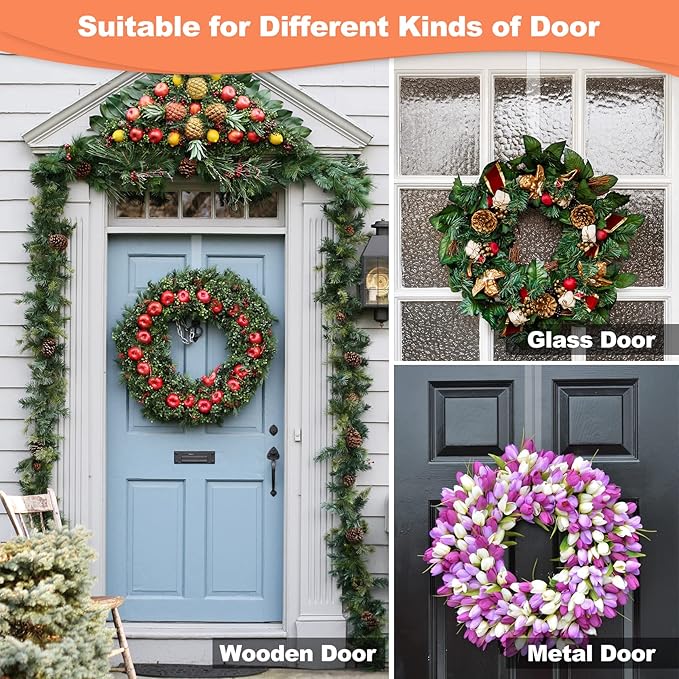 15" Clear Wreath-Hanger Non Scratch Over The Door Hooks,2 Pack Wreath-Door-Hanger Easter Halloween Christmas Decoration,Welcome Sign for Front Door Décor Inside Outside,Slim Hangers Organizer for Home