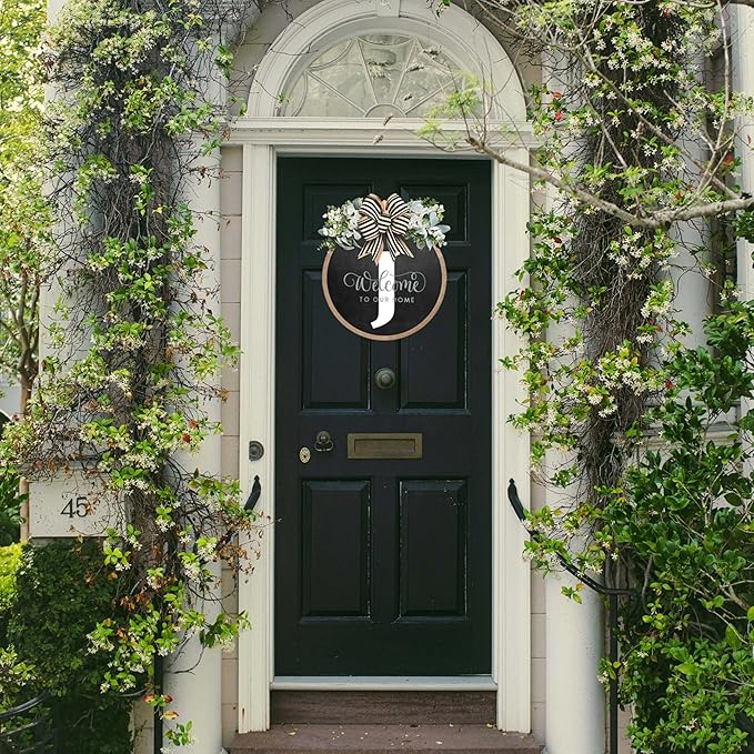 Circular Surname Front Door Welcome Sign - 26 Letter House Wreath, Front Porch Decorations, Year-Round Home Decor (J)