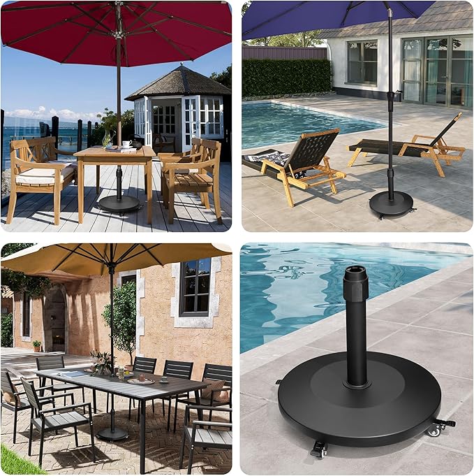 Patio Umbrella Base with 4 Wheels, 44lbs Round Heavy Duty Concrete Stand for Outdoor Market Umbrella, Black