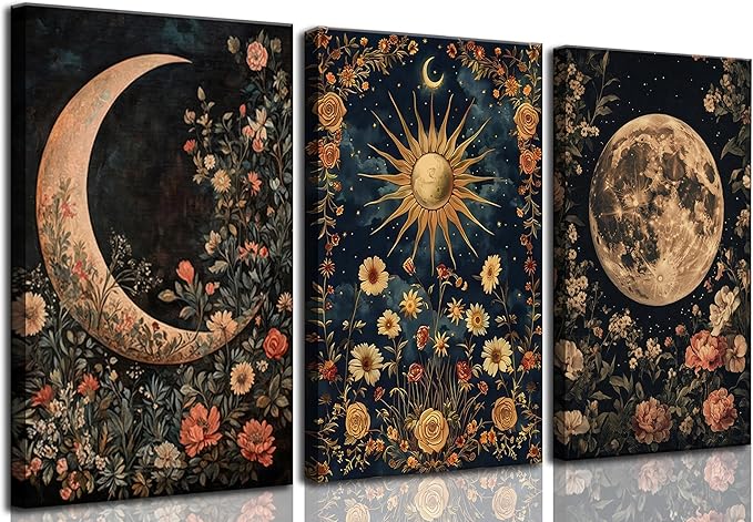 3Pcs Sun and Moon Celestial Canvas Wall Art Vintage Gothic Mystical Crescent Floral Plant Dark Academia Painting Picture Wall Decor Posters Print Artwork for Living Room Bedroom Decoration (16L" x 12W"-Canvas)