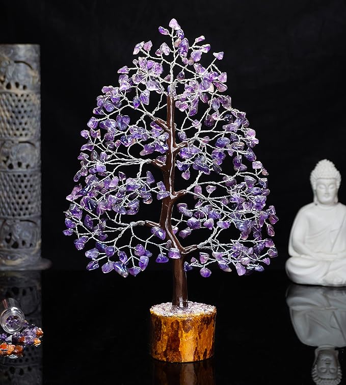 Crocon Amethyst Gemstone Tree Feng Shui Figurine Money Bonsai Good Luck Chakra Balancing Reiki Healing Crystals Decoration Ornament Sculpture Prosperity Table Decor Gift Size 10-12\